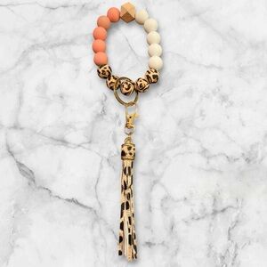 Leopard Print Beaded Keychain Bracelet with Tassel